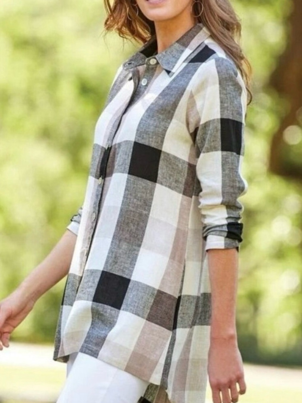 Soft Surroundings Gingham Checkered Linen Blend Zip Detail Button Front Tunic L